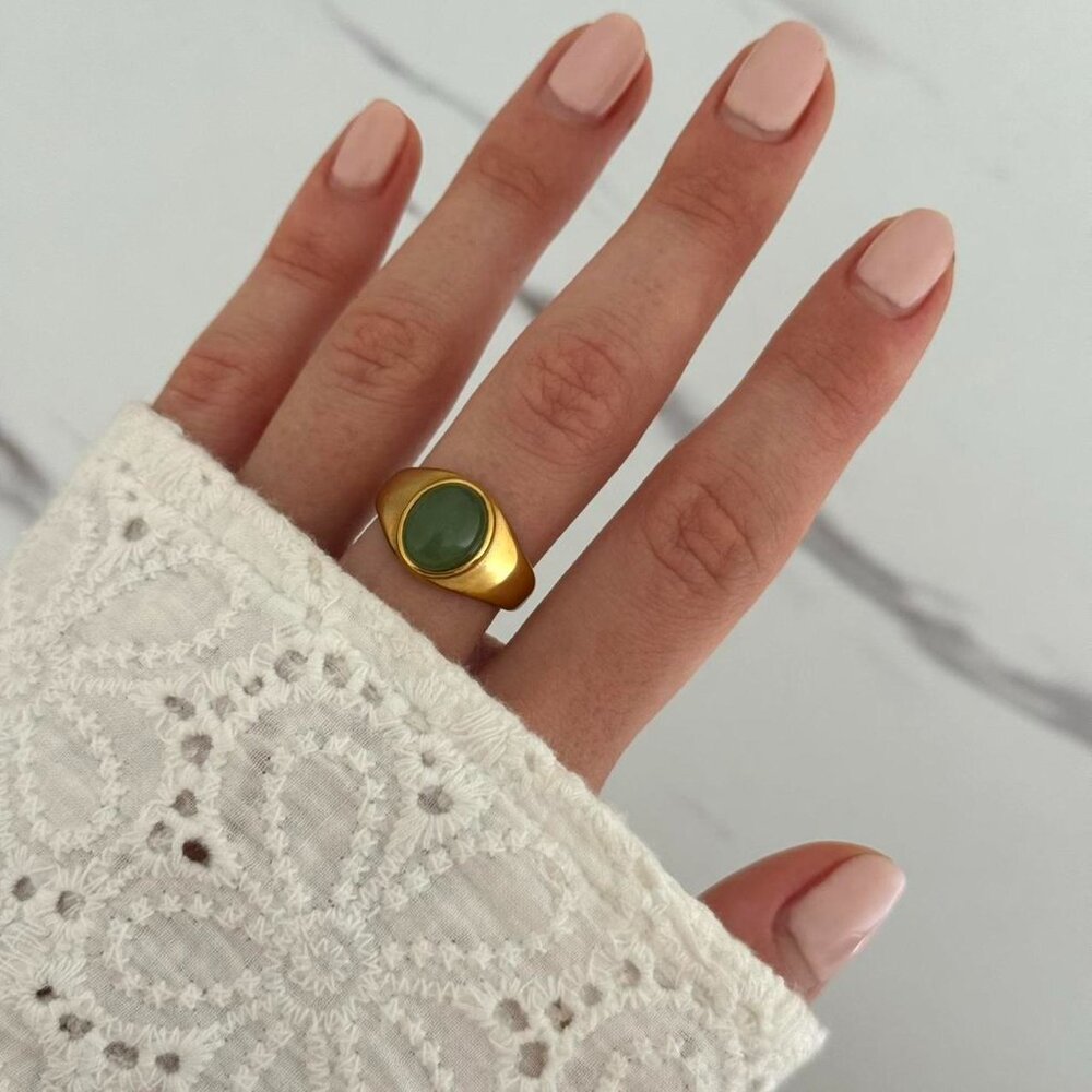 Sku:0296 gold ring green natur stone vintage style‎ stainless steel waterproof